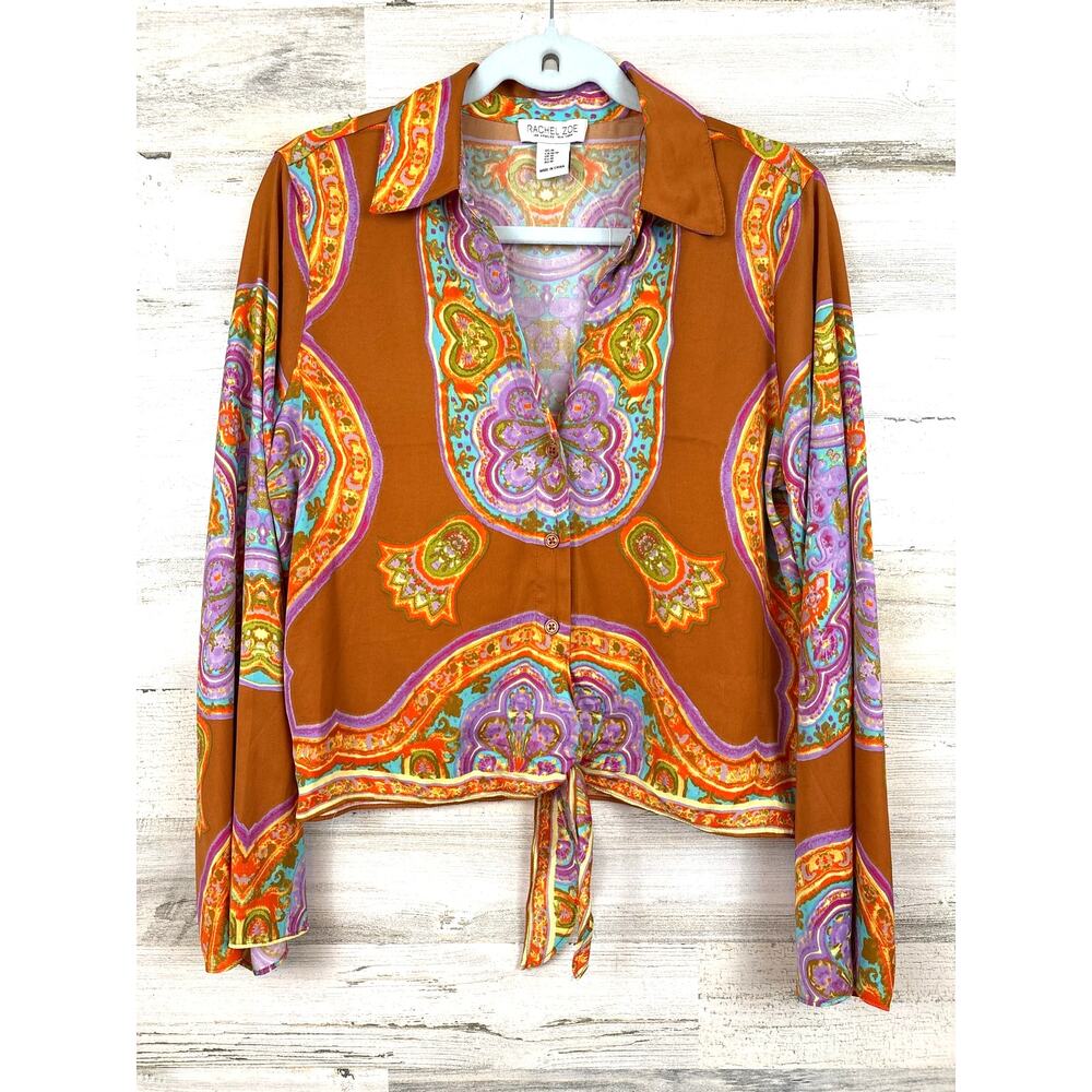 Rachel Zoe Womens M Multi Paisley Tie Front Blouse Boho Lightweight NEW